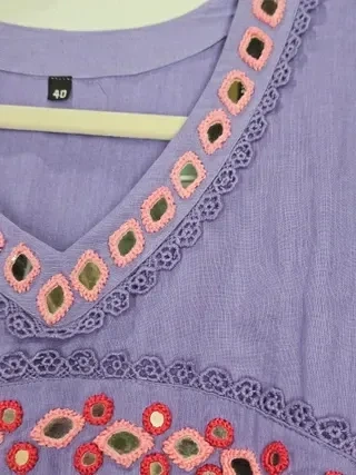 Handcrafted mul cotton ethnic frock dress in lavender with pink and red embroidered mirror work, ideal for festivals and weddings