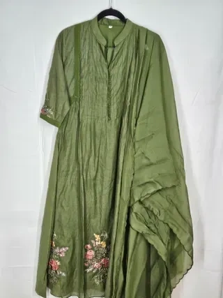 Pastel green Chanderi silk suit set with delicate floral embroidery and matching dupatta, ideal for weddings or festivals.