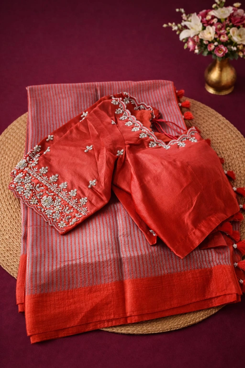 Gold Banarasi Kora tissue silk saree with intricate zari motifs, paired with a matching red embroidered blouse, ideal for weddings.
