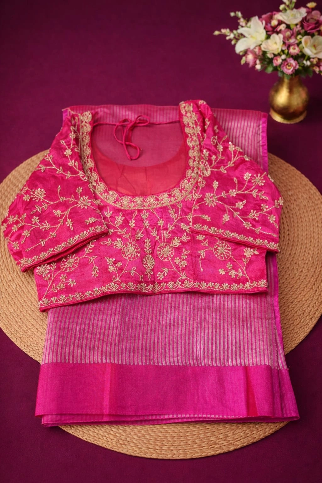 Handwoven Banarasi Kora tissue silk saree in vibrant pink with gold zari border, paired with an embroidered blouse.