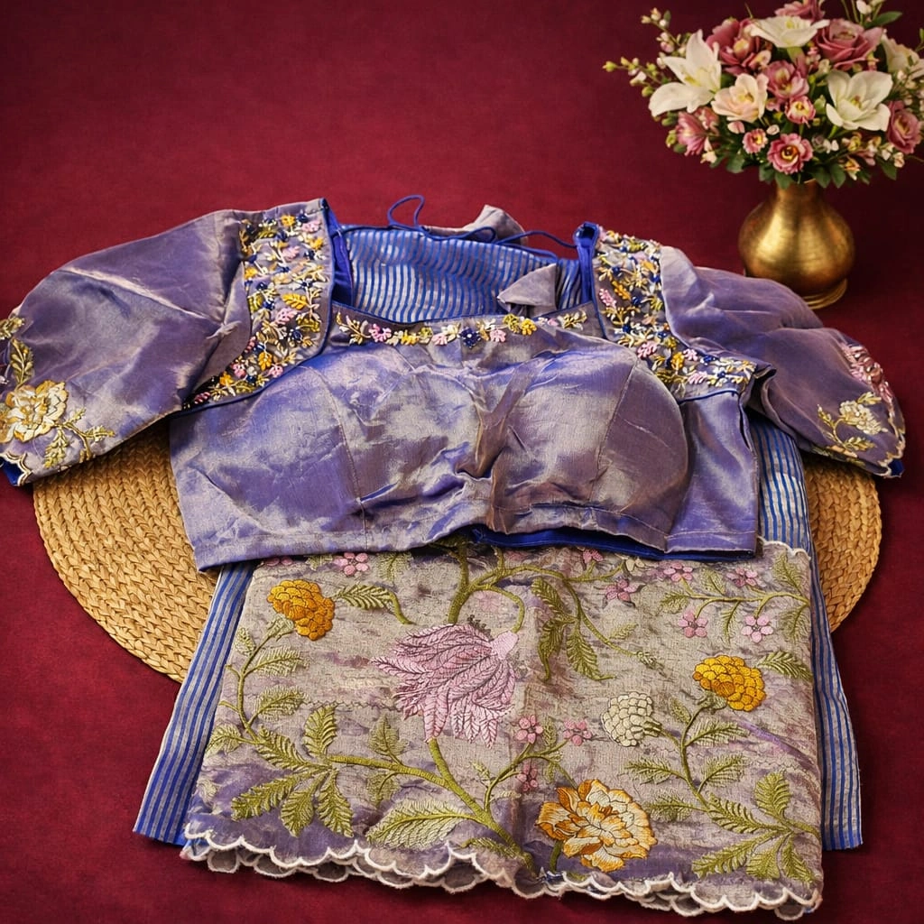 Handwoven Banarasi Kora tissue saree in gold and silver with floral embroidery, paired with a purple blouse, displayed on a mat.