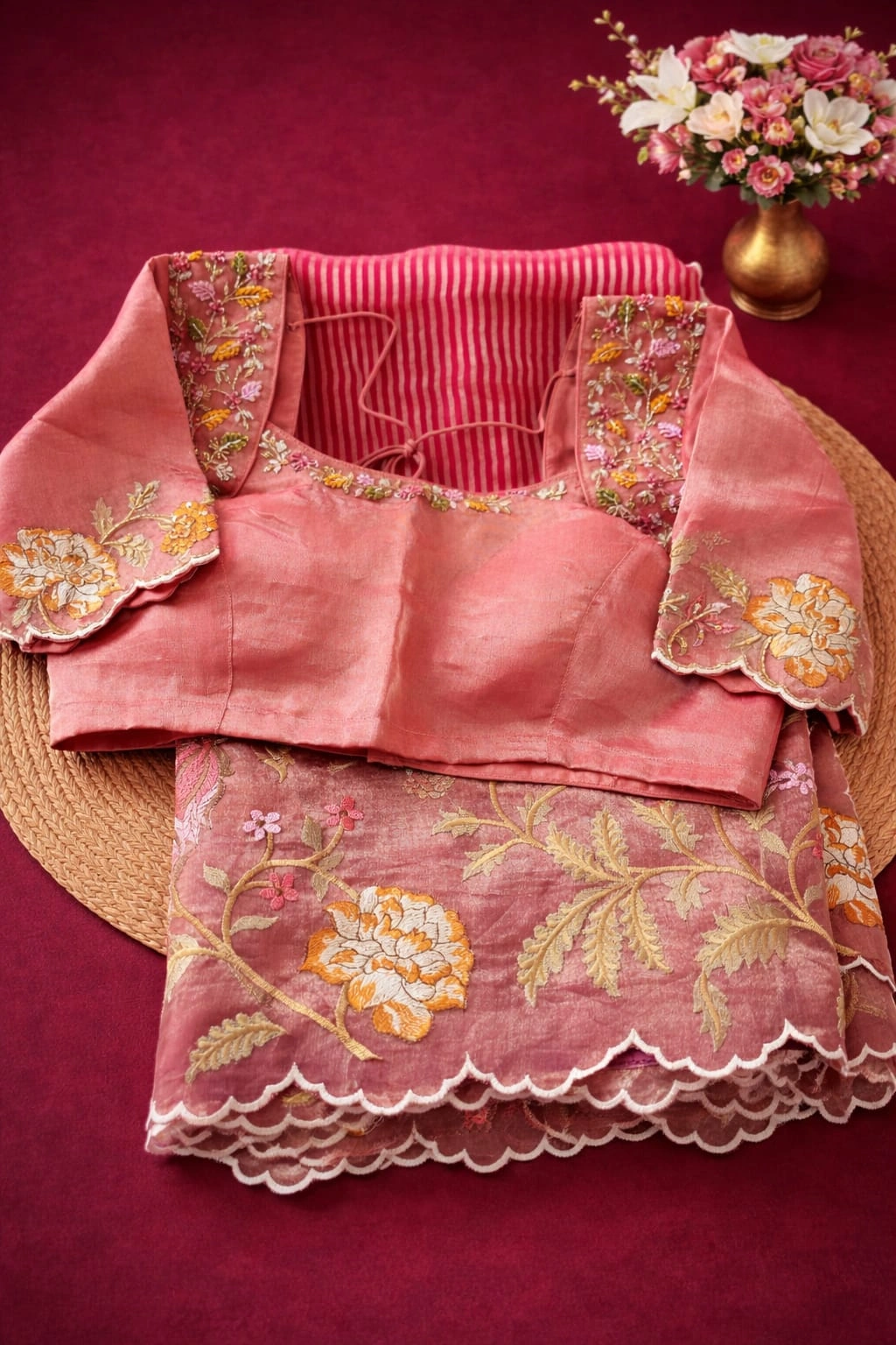 Pure Banarasi Kora tissue silk saree in gold with handwoven zari, floral embroidery, and scalloped border, displayed with blouse.