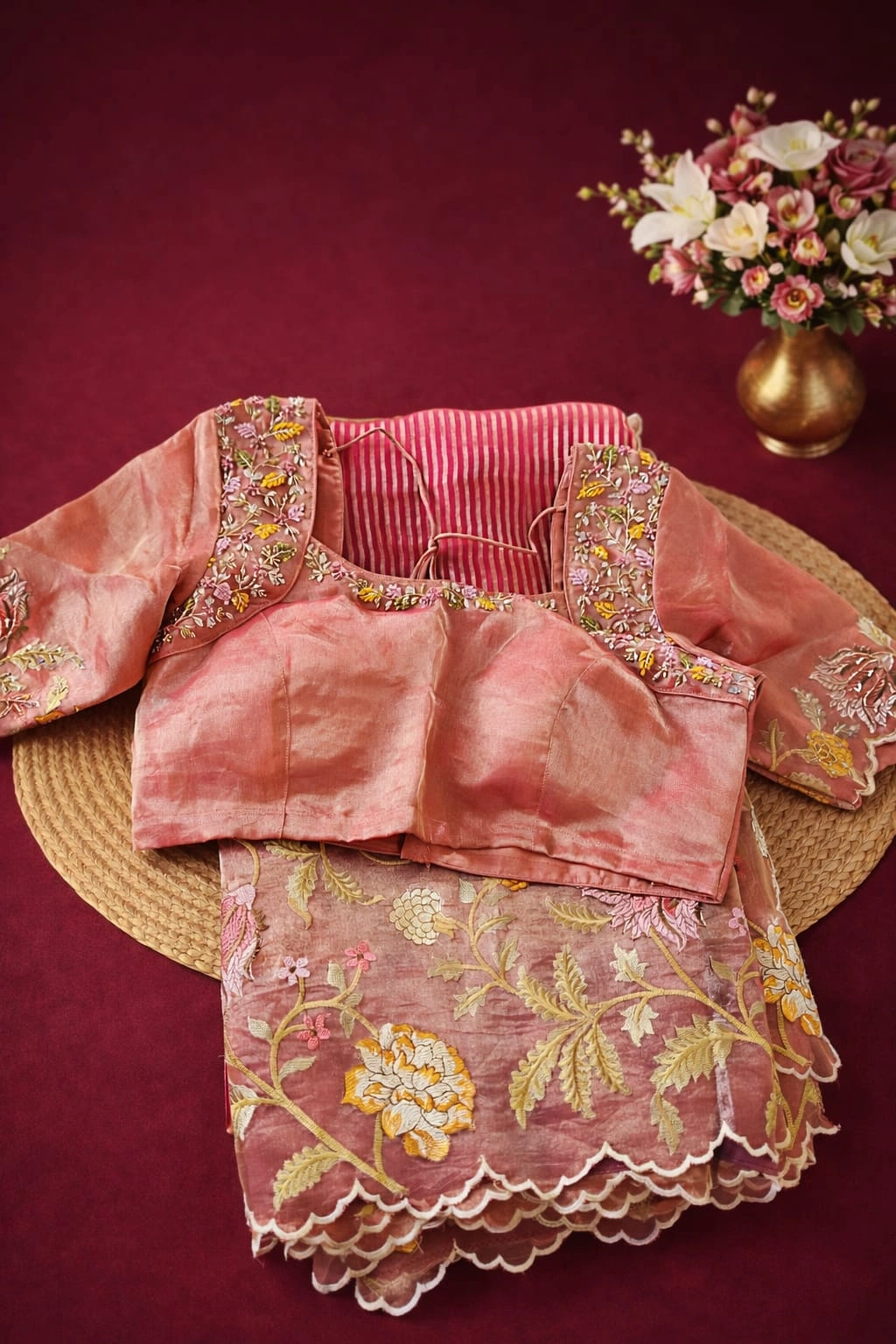 Pure Banarasi Kora tissue silk saree in gold with intricate handwoven zari and floral embroidery, paired with blouse.