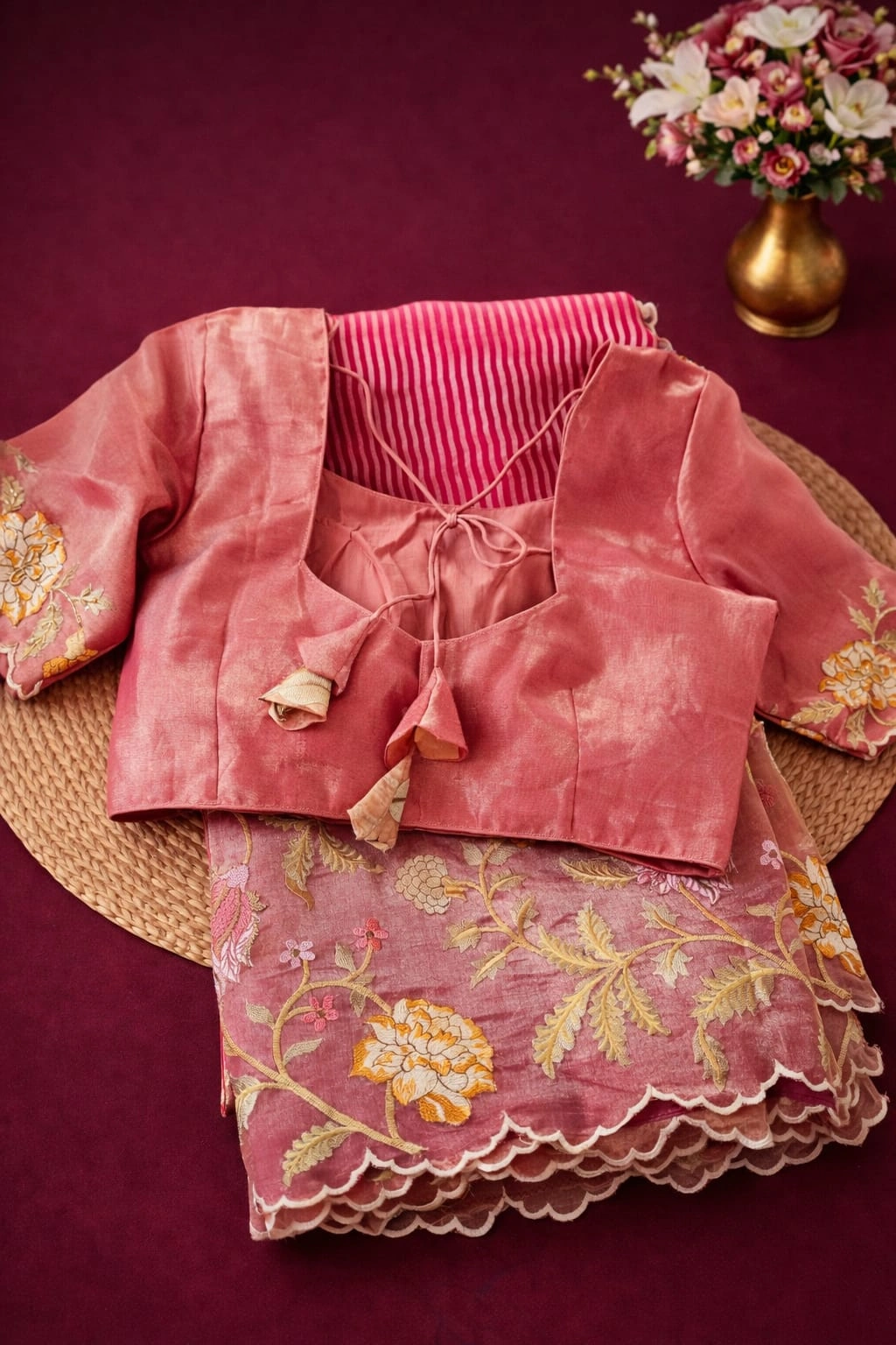 Pure Banarasi Kora Tissue Silk saree in gold with handwoven zari floral motifs, paired with a matching silk blouse.