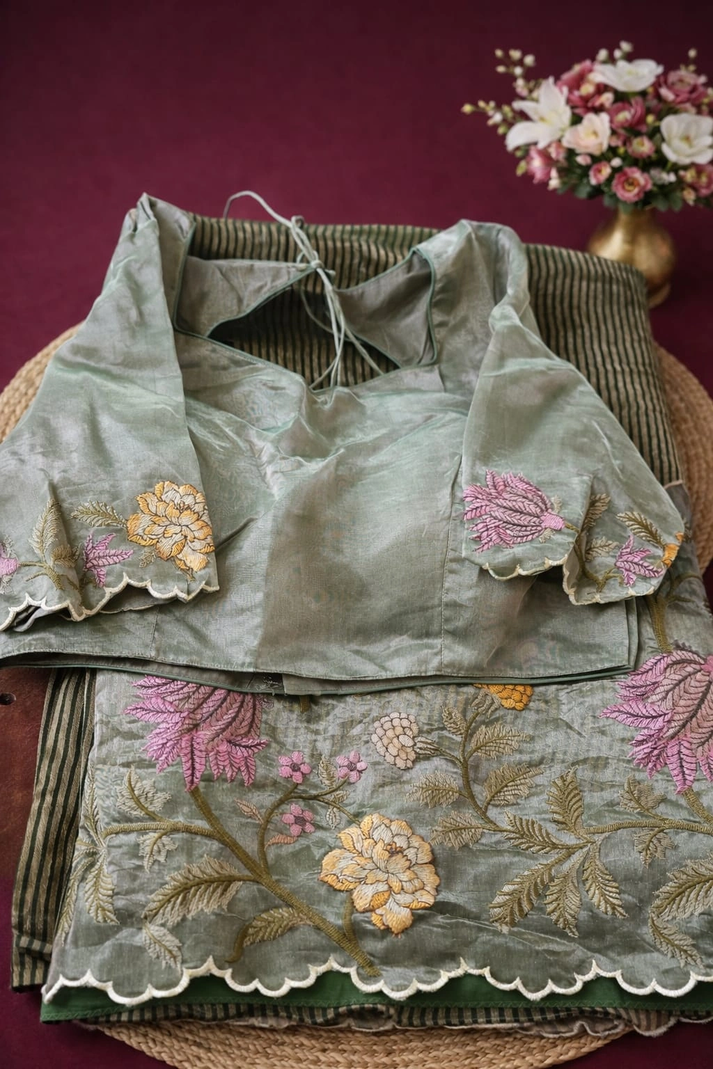 Pure Banarasi Kora Tissue saree in soft gold with intricate zari work, floral embroidery in pink and yellow, ideal for weddings.