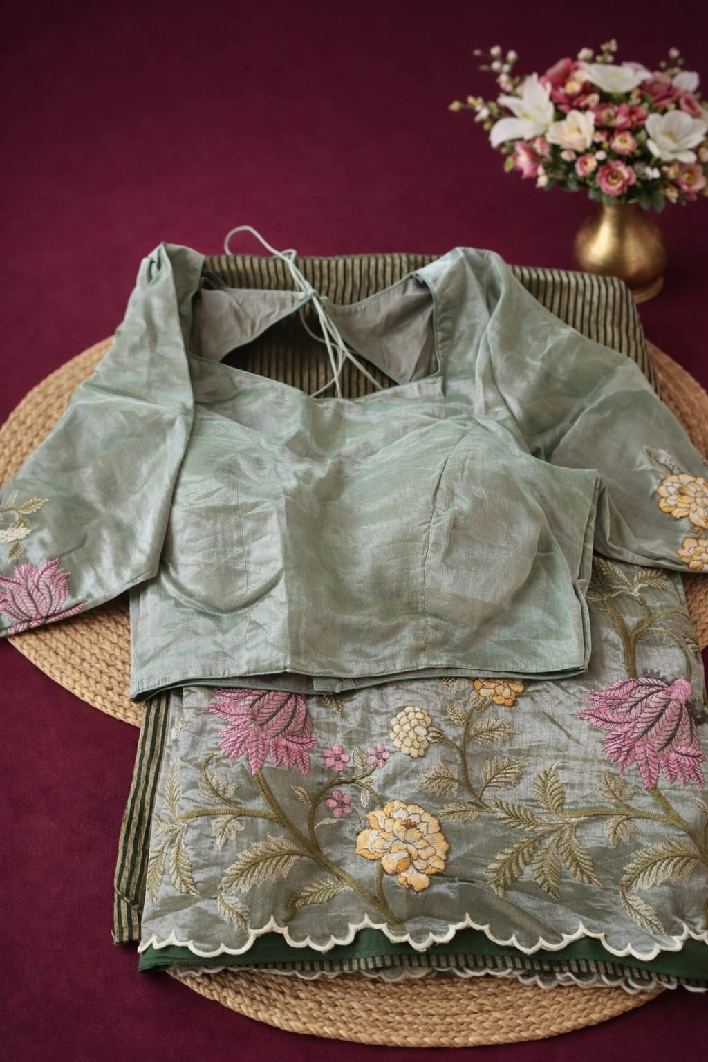 Pure Banarasi Kora tissue saree in soft gold with intricate zari floral embroidery, paired with matching blouse, ideal for weddings.
