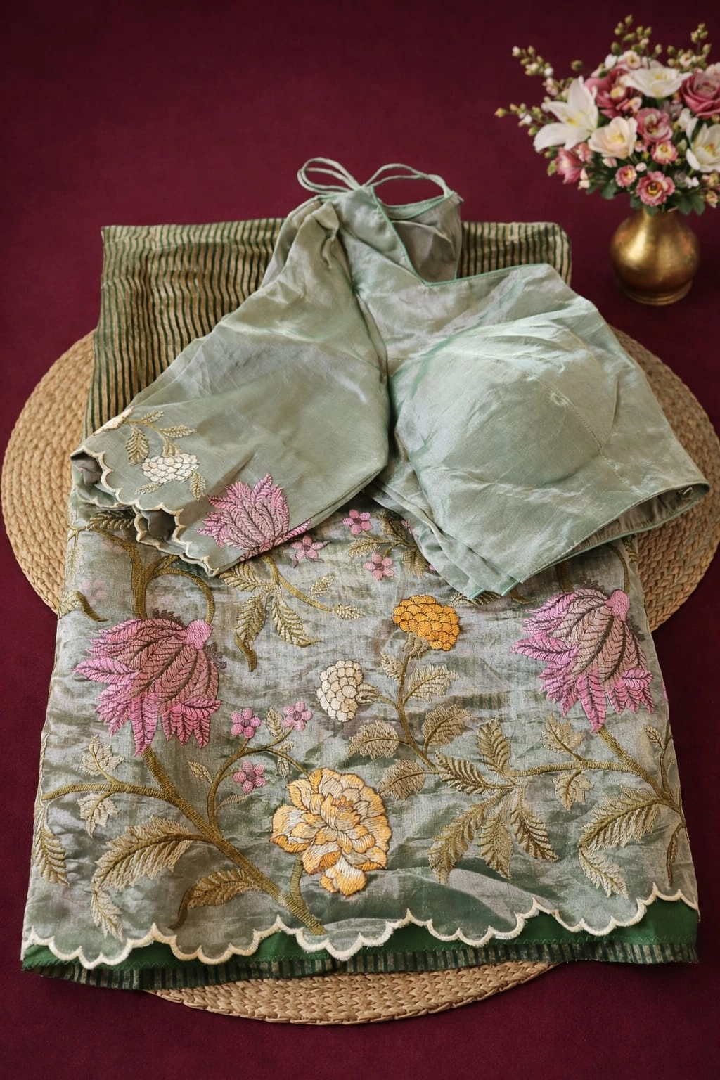 Pure Banarasi Kora tissue saree in soft gold with intricate zari floral embroidery, paired with a matching blouse.