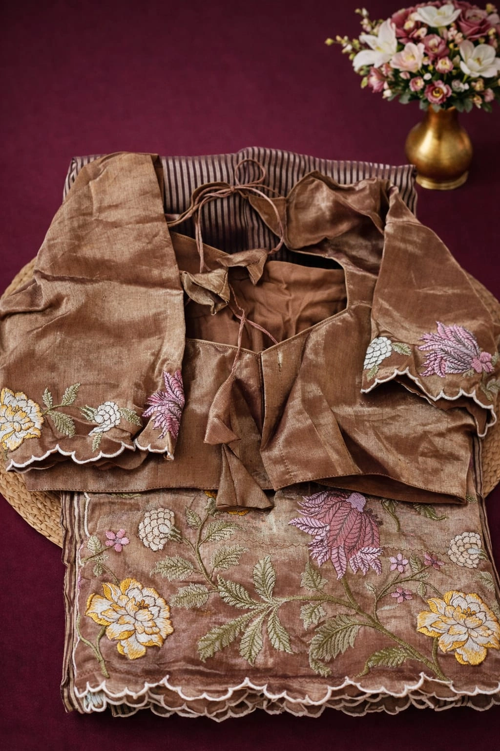 Golden Banarasi Kora tissue saree with intricate zari work, floral embroidery in pastel shades, perfect for weddings and festivals