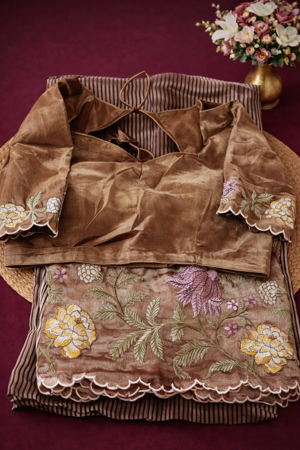 Golden Banarasi Kora tissue saree with intricate zari work, floral embroidery, and matching blouse, ideal for weddings.