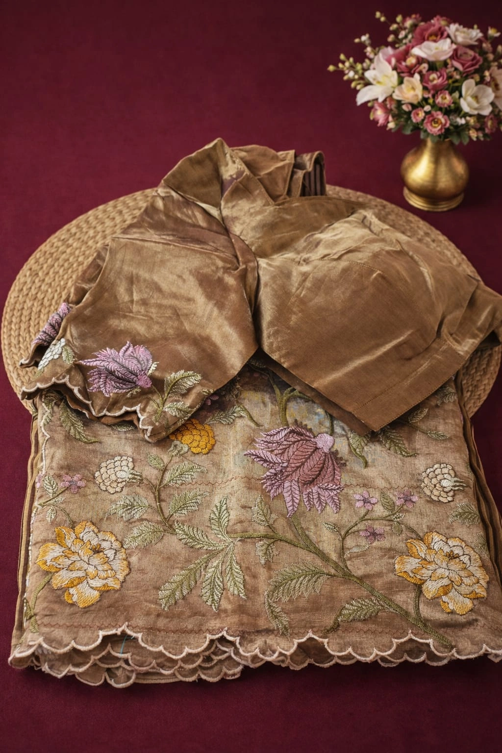 Golden Banarasi Kora tissue saree with intricate zari work and floral embroidery, paired with a matching blouse, ideal for weddings.