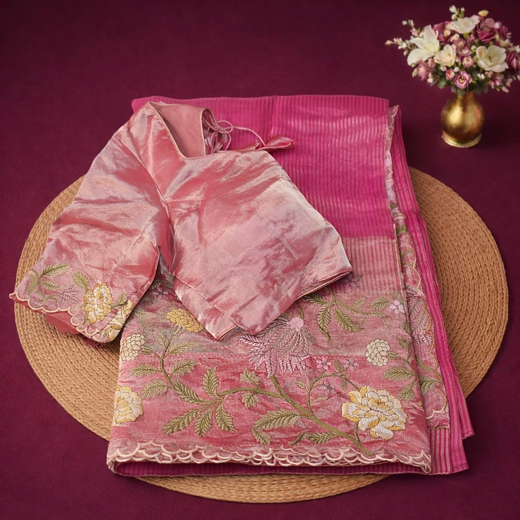 Handwoven pure Banarasi Kora tissue saree in lustrous gold and pink with intricate zari floral work, paired with blouse.