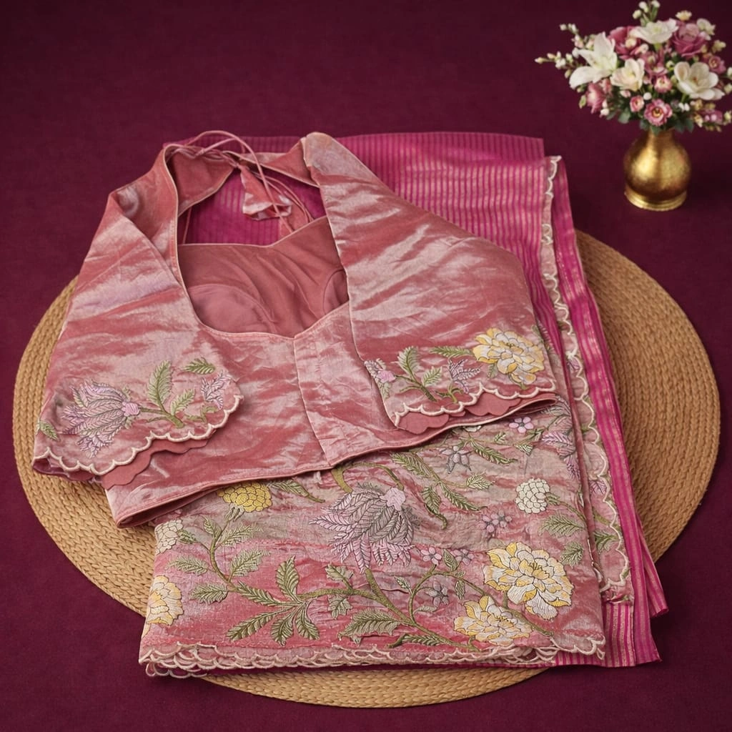 Handwoven pure Banarasi Kora tissue saree in lustrous gold finish with intricate zari and floral embroidery, blouse included.