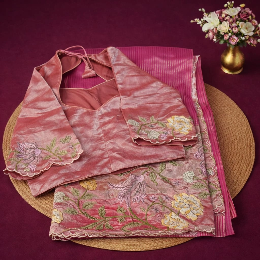 Handwoven pure Banarasi Kora tissue saree in lustrous gold-pink with intricate zari floral embroidery and matching blouse.