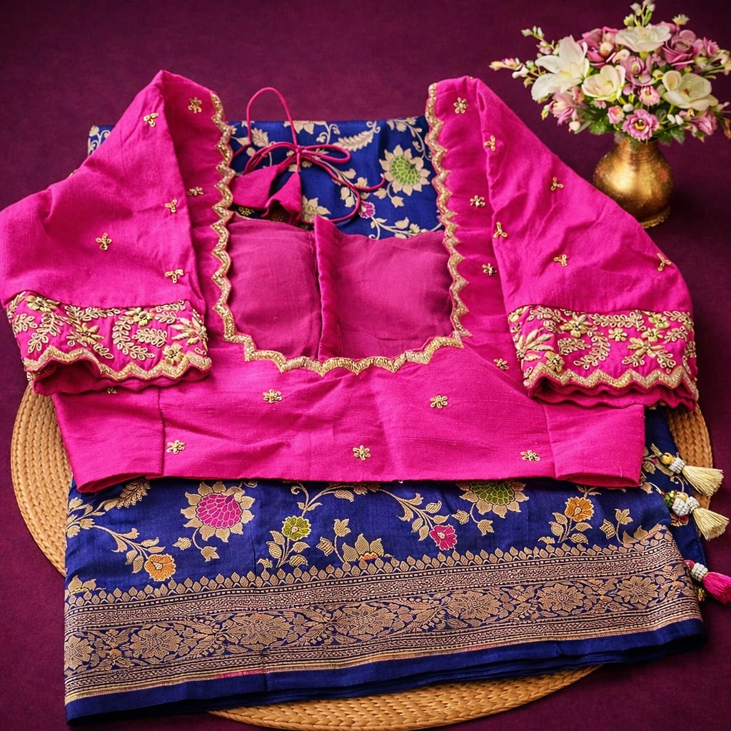 Pure Banarasi Katan silk saree in royal blue with intricate handwoven Meenakari floral motifs, paired with a pink embroidered blouse.