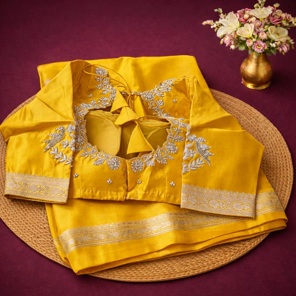 Pure Banarasi handloom silk saree in vibrant raw mango yellow with silver zari embroidery and matching blouse, displayed folded.