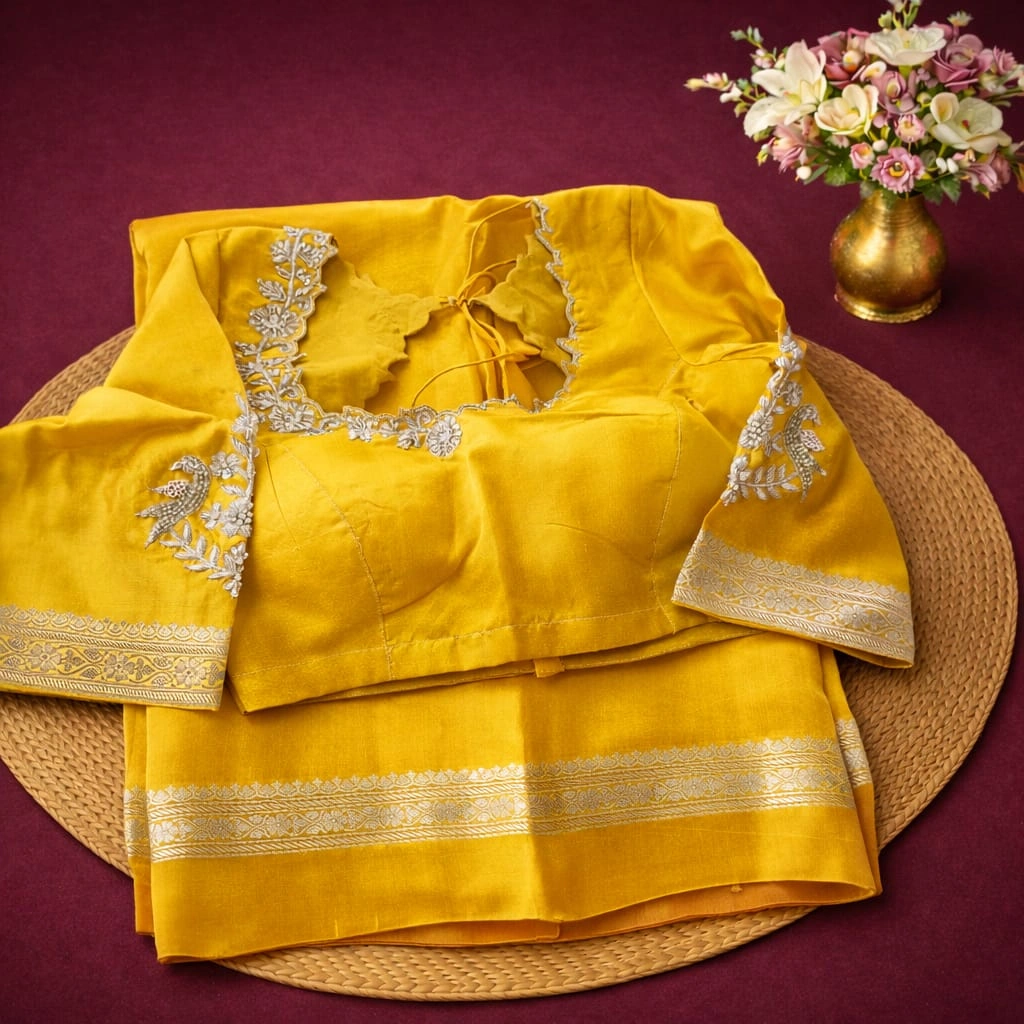 Pure Banarasi raw mango yellow handloom silk saree with silver zari border and embroidered blouse, displayed folded.
