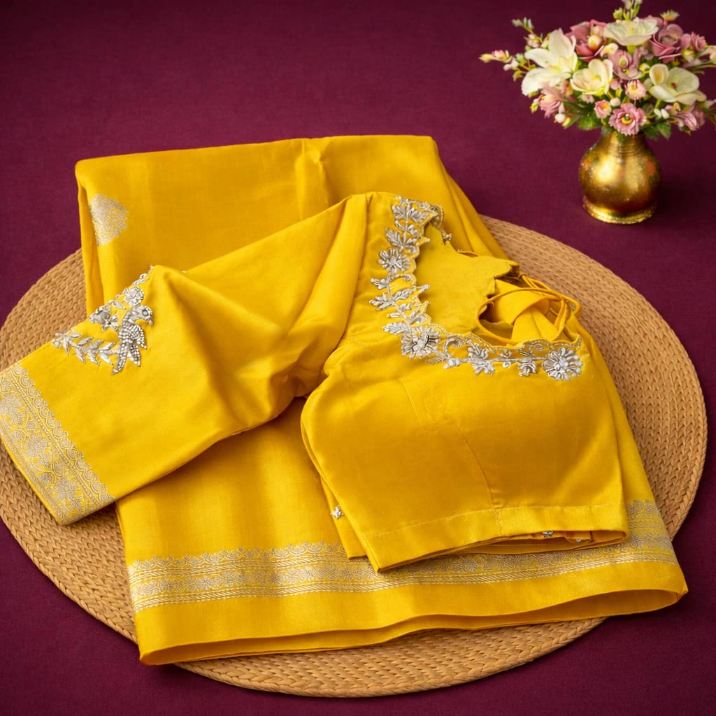 Pure Banarasi handloom silk saree in vibrant raw mango yellow with silver zari border, paired with matching embroidered blouse.