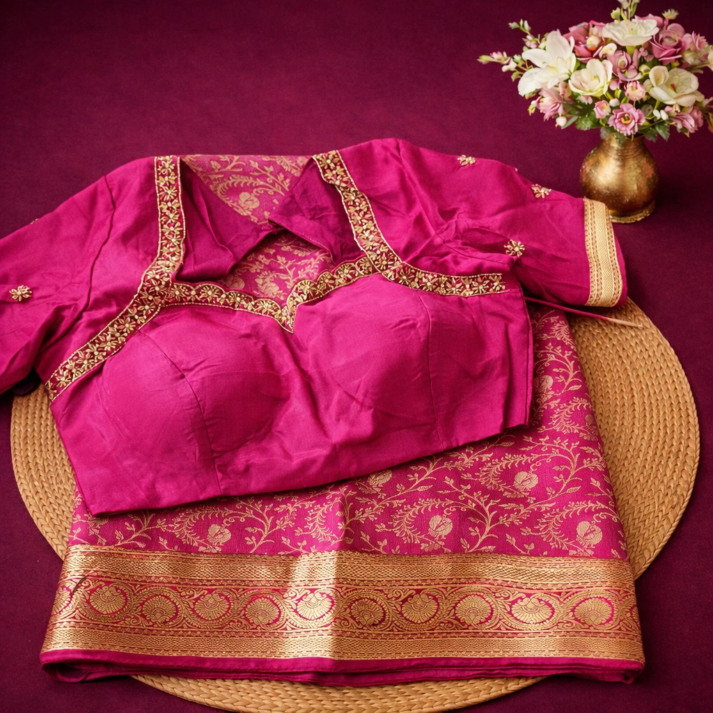 Handwoven pure Mysore silk brocade saree in deep pink with gold zari floral motifs and matching embroidered blouse.