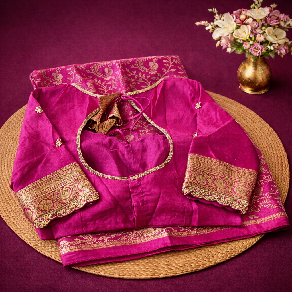 Handwoven pure Mysore silk brocade saree in rich magenta with gold zari floral motifs and intricate border, ideal for weddings.
