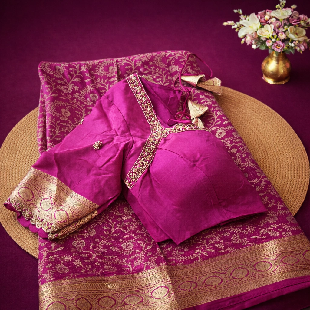 Handwoven pure Mysore silk brocade saree in rich magenta with gold zari floral patterns, paired with matching blouse.