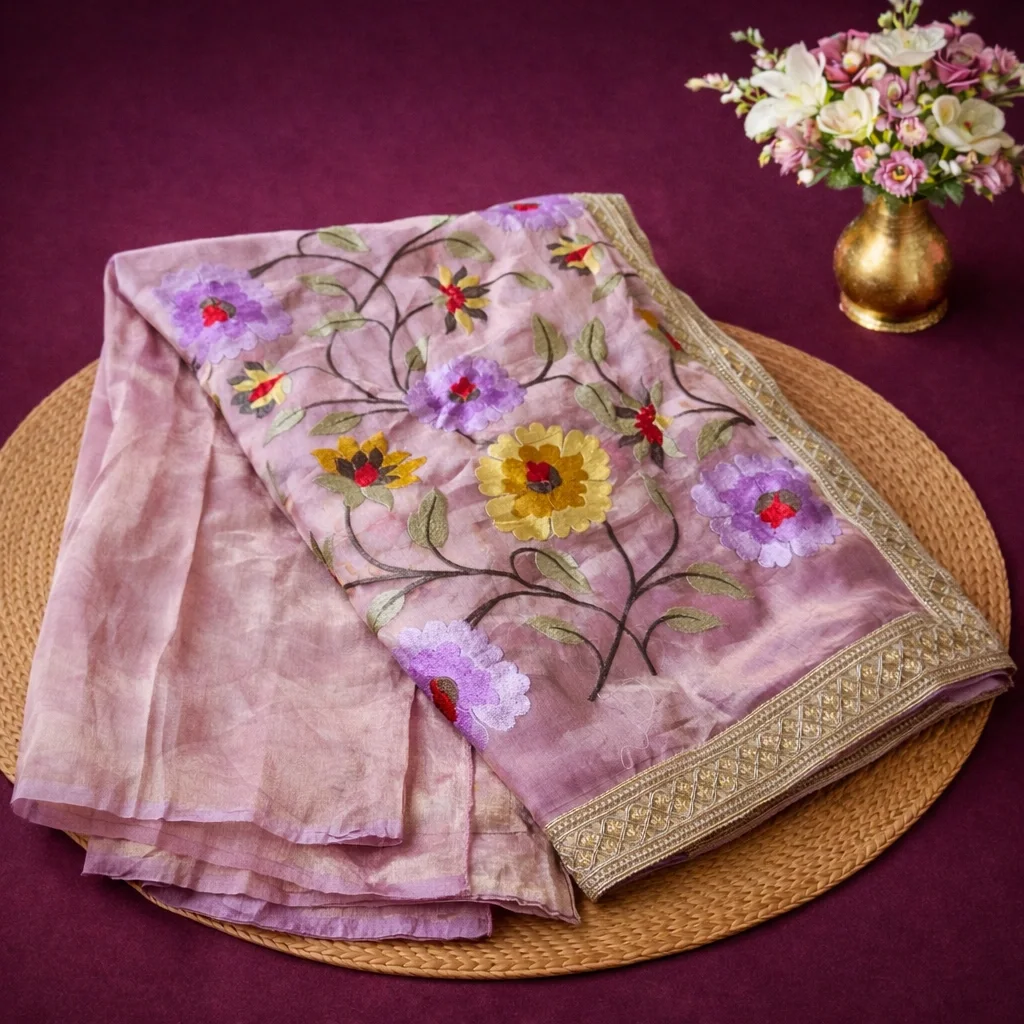 Pure Banarasi Kora Tissue Embroidered Saree – Handwoven Indian Silk Elegance - ethnic Indian fashion from Swathi Design