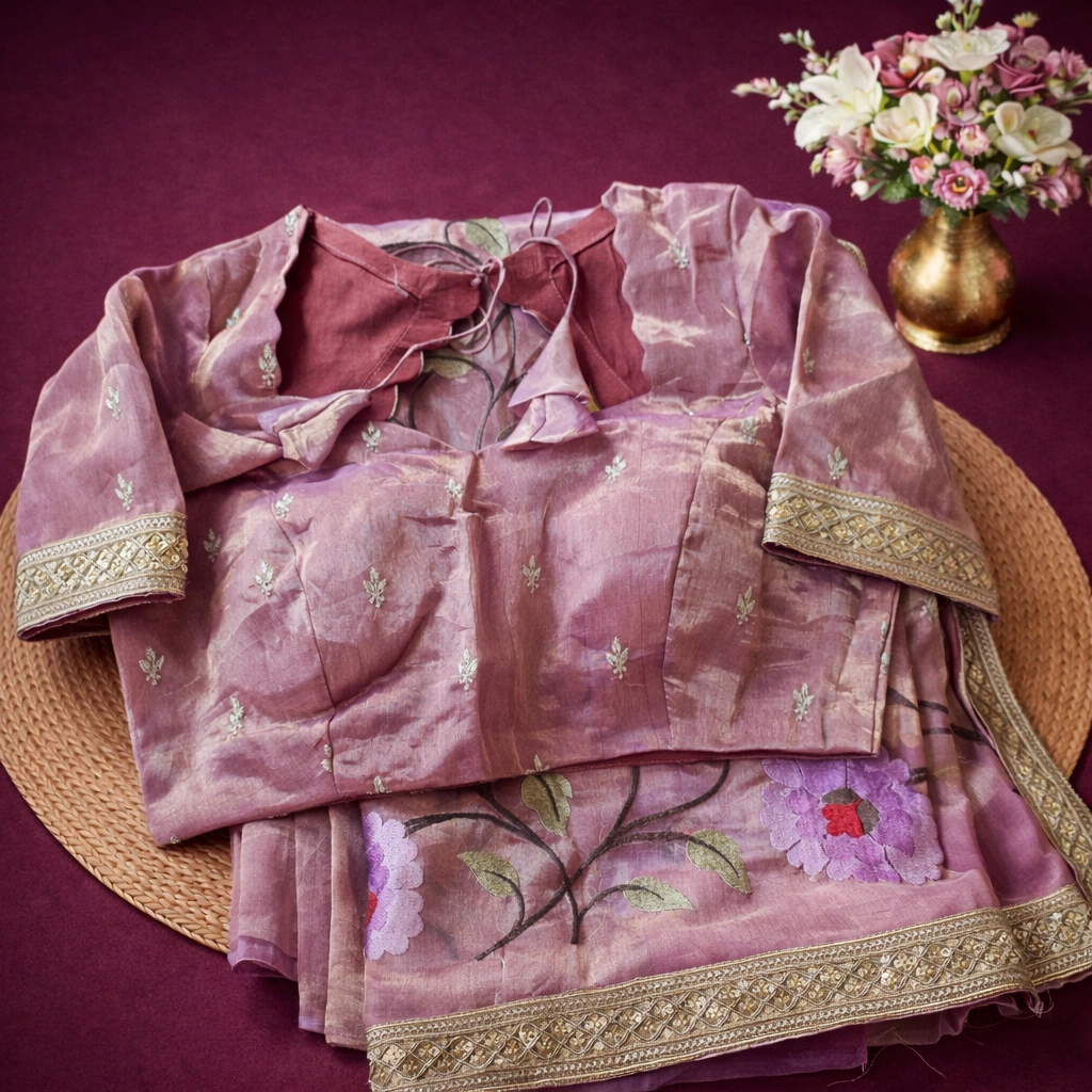 Handwoven pure Banarasi Kora tissue silk saree in mauve with floral embroidery, paired with matching blouse, displayed on mat.