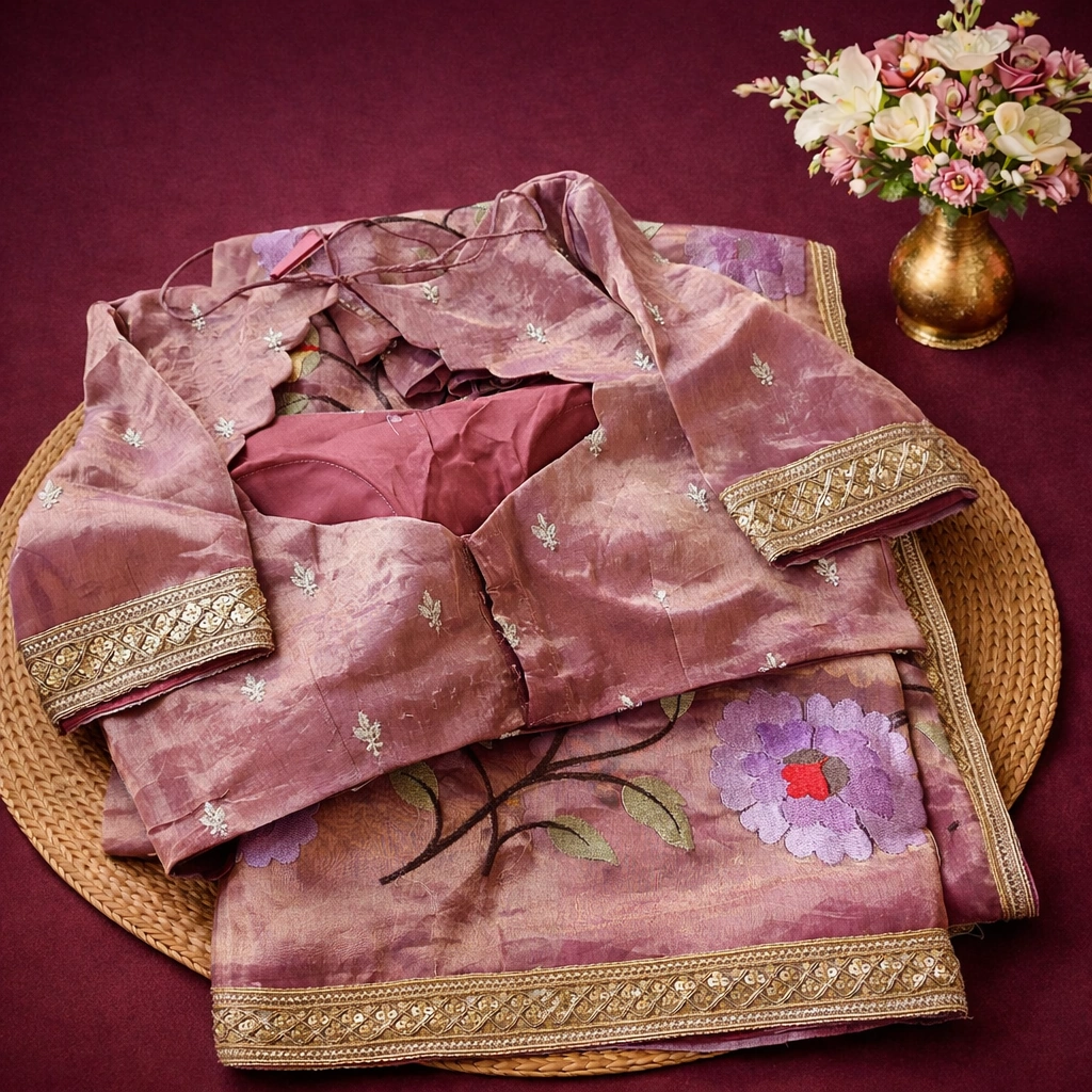 Handwoven pure Banarasi Kora tissue silk saree in mauve with intricate floral embroidery and gold zari border, blouse included.