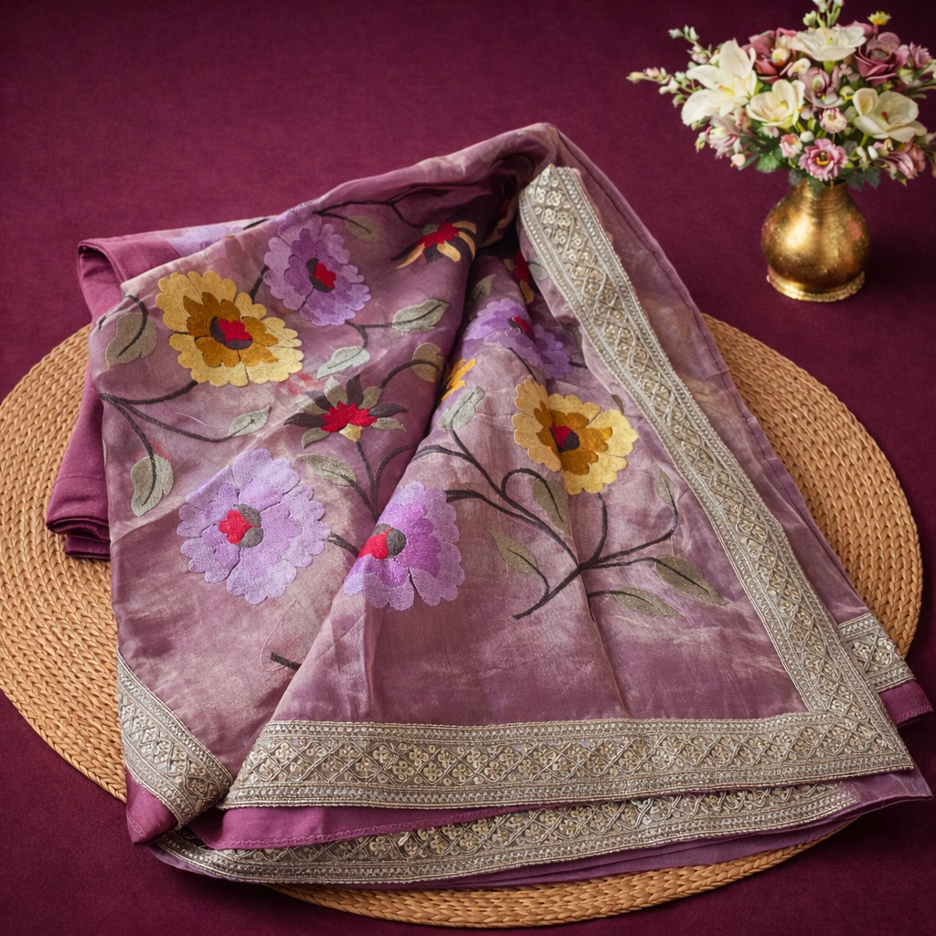 Handwoven pure Banarasi Kora tissue silk saree in mauve with colorful floral embroidery and intricate zari border.