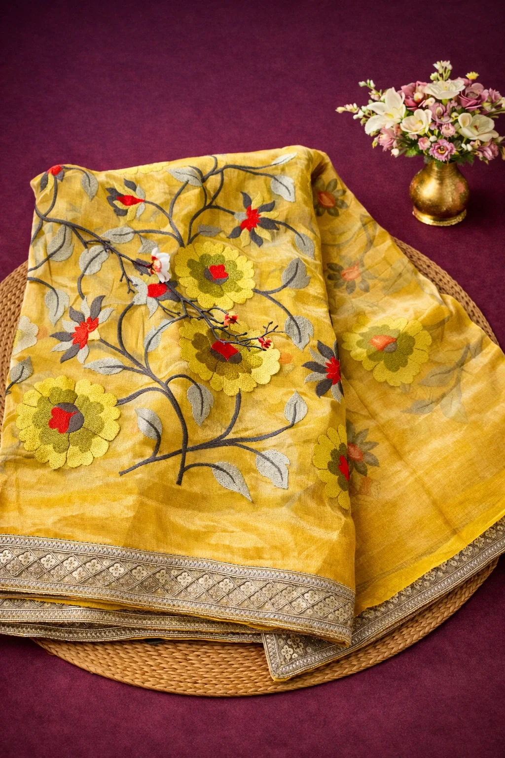 Handwoven Pure Banarasi Kora Tissue Embroidery Saree – Gold Elegance for Weddings - ethnic Indian fashion from Swathi Design