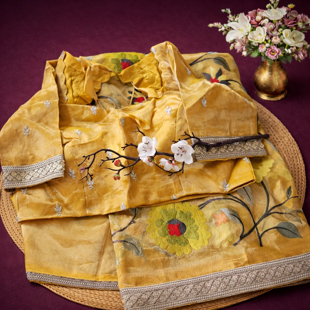 Handwoven Banarasi Kora Tissue saree in gold with intricate zari embroidery, floral motifs, and elegant border detailing.