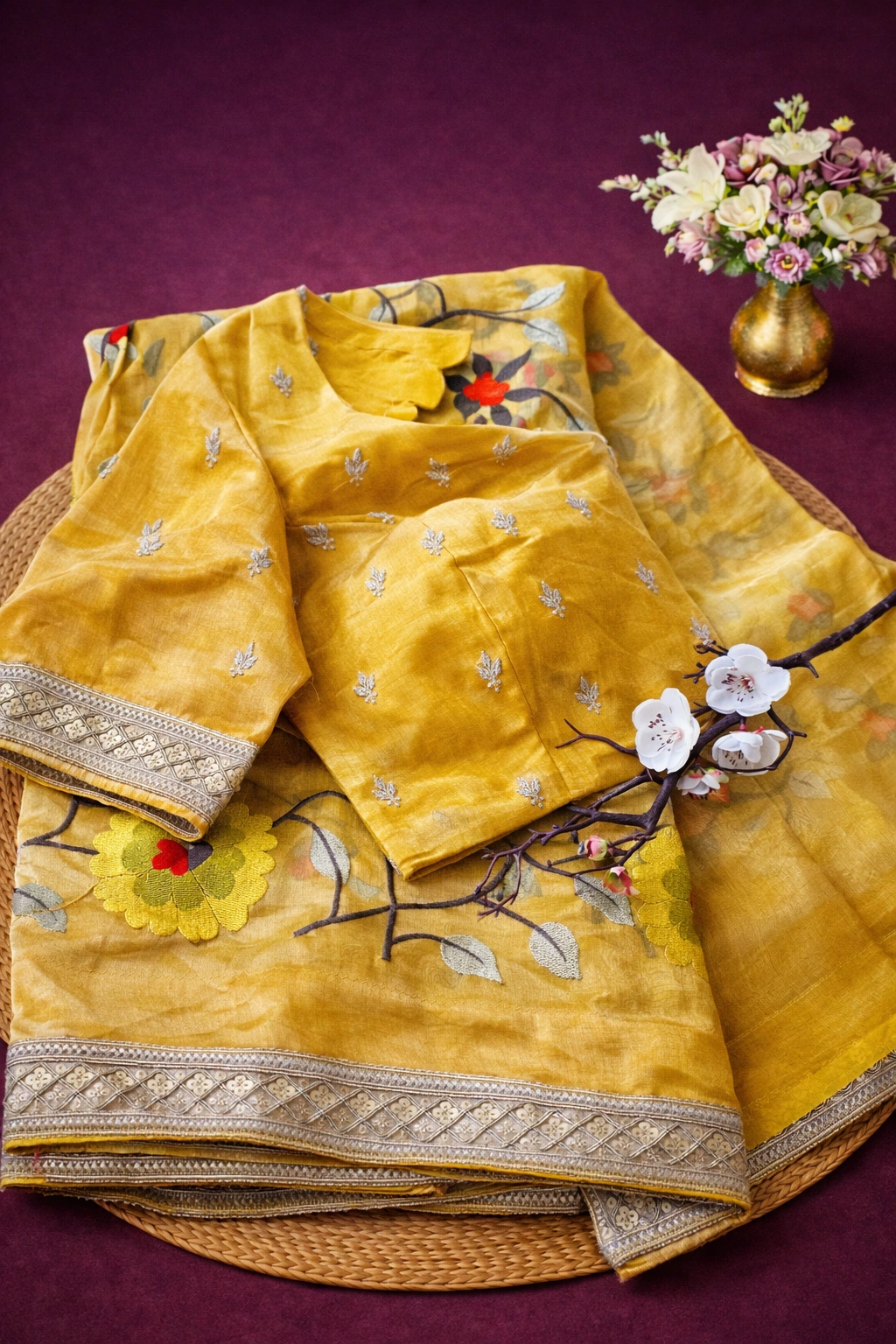 Handwoven Banarasi Kora tissue saree in gold with intricate zari embroidery, floral motifs, and matching blouse piece.
