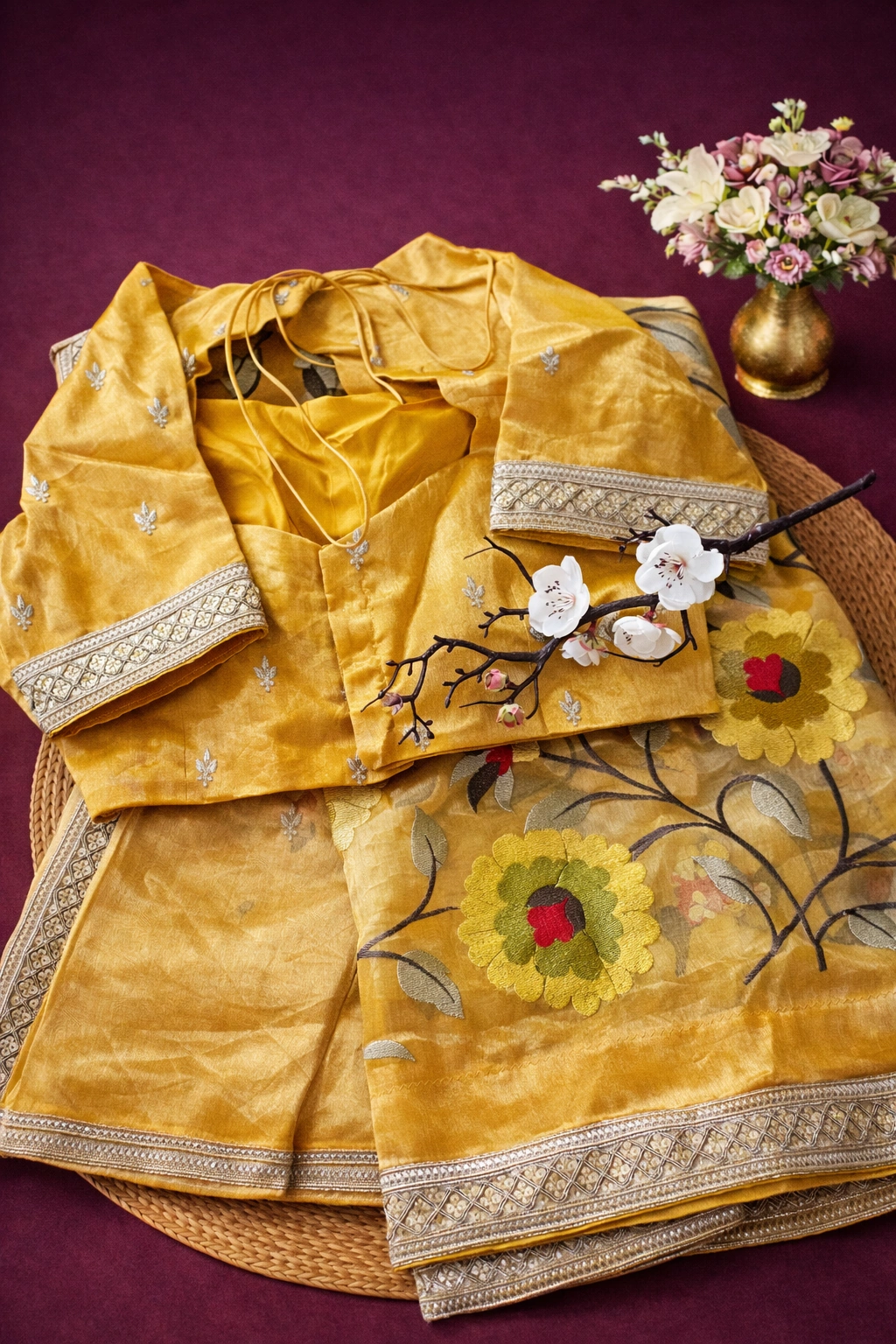 Handwoven Banarasi Kora tissue saree in gold with intricate zari embroidery, floral motifs, and matching blouse set.