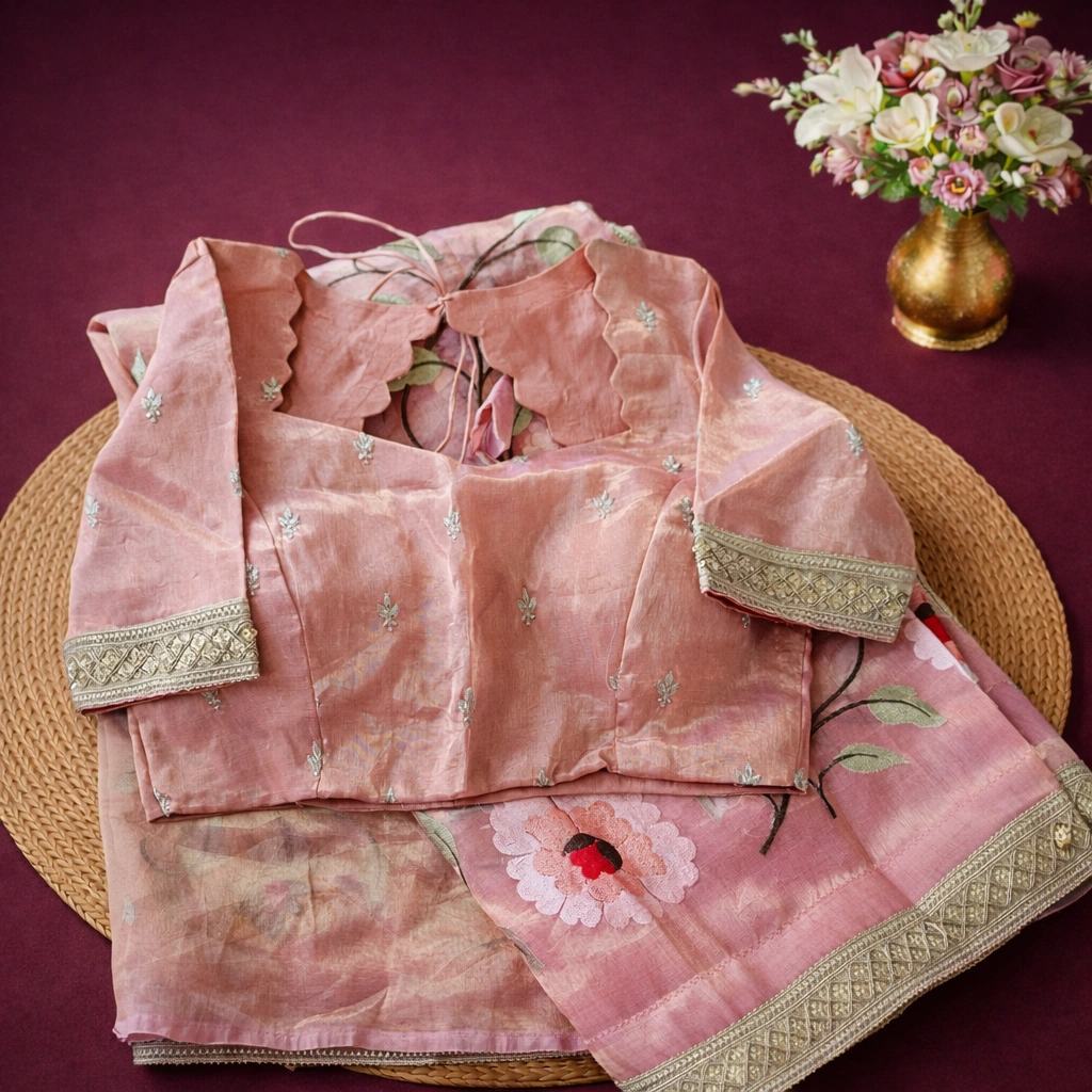 Handcrafted pure Banarasi Kora tissue saree in blush pink with intricate floral embroidery and silver zari border, paired with matching blouse.