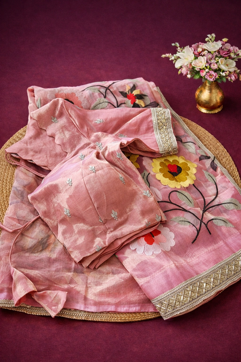 Handcrafted pure Banarasi Kora tissue saree in soft pink with intricate floral embroidery and silver zari border, blouse included.