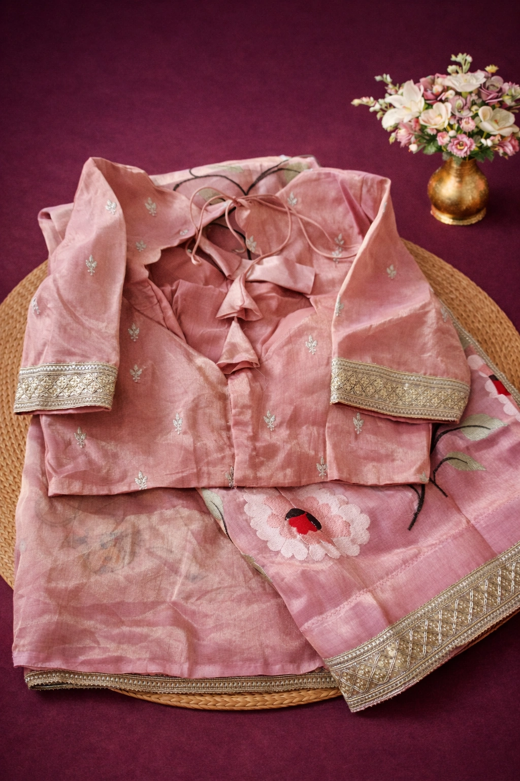 Handcrafted pure Banarasi Kora tissue saree in blush pink with intricate silver embroidery and matching blouse, displayed folded.