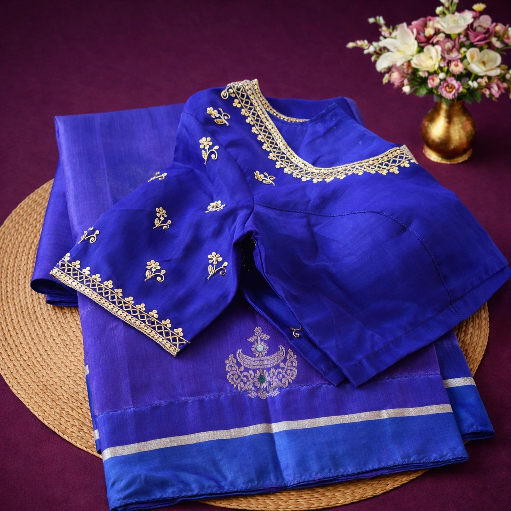 Handwoven pure Chanderi pattu silk saree in royal blue with gold zari work, paired with matching embroidered blouse.
