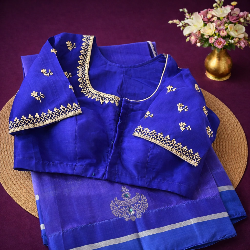 Handwoven pure Chanderi Pattu silk saree in royal blue with intricate gold zari work, paired with matching blouse.