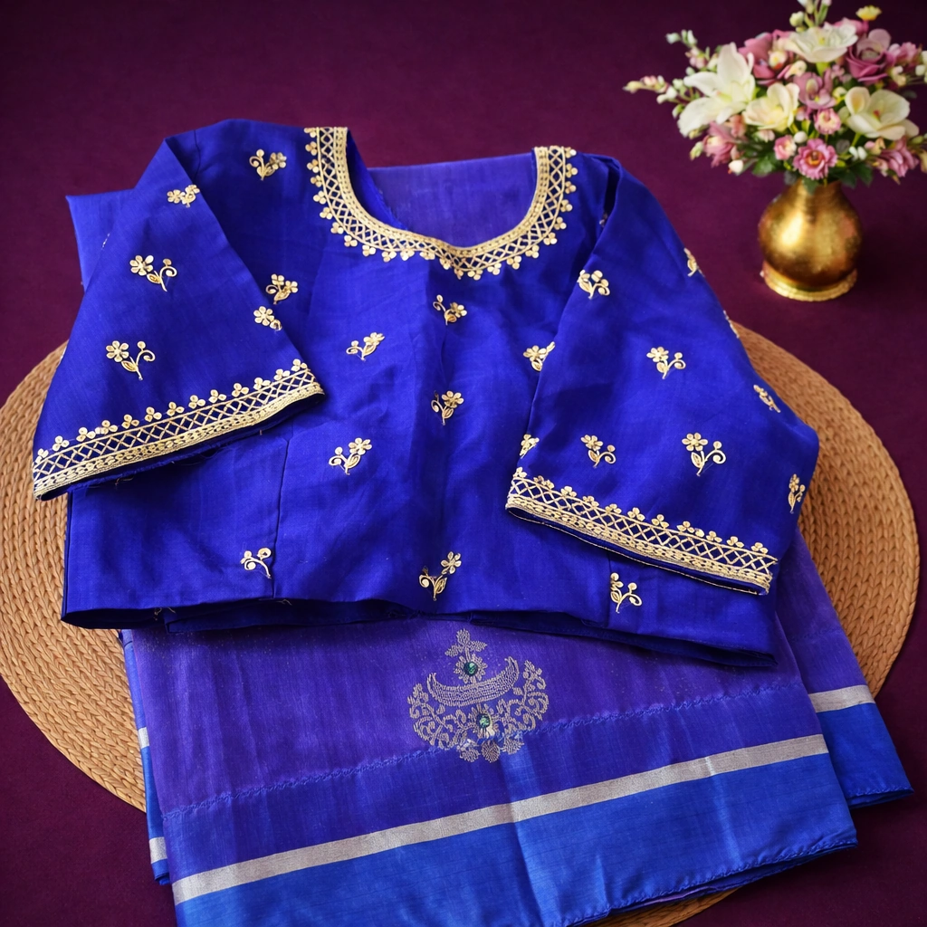 Handwoven pure Chanderi Pattu silk saree in royal blue with gold zari work, floral motifs, and matching blouse piece.