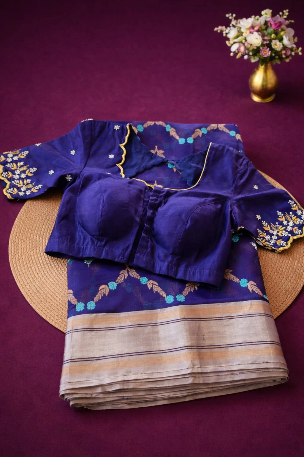 Handwoven pure Chanderi Pattu silk saree in beige with blue floral zari border, paired with a royal blue embroidered blouse.
