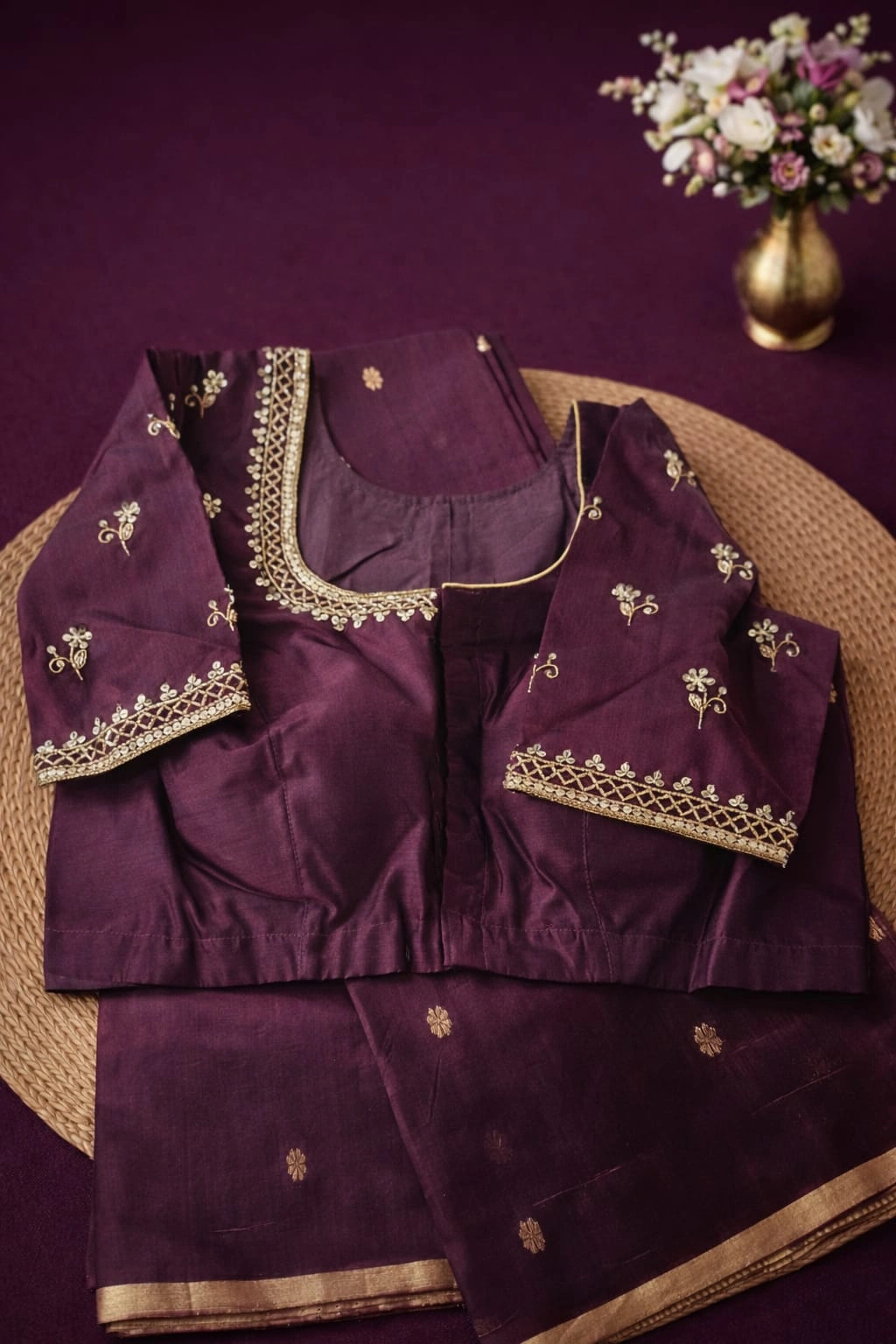 Handwoven pure Chanderi silk pattu saree in deep plum with gold zari border and matching embroidered blouse, ideal for weddings.