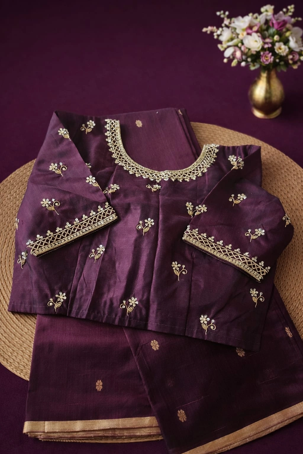 Handwoven pure Chanderi silk pattu saree in deep plum with gold zari border and floral embroidery, ideal for weddings.