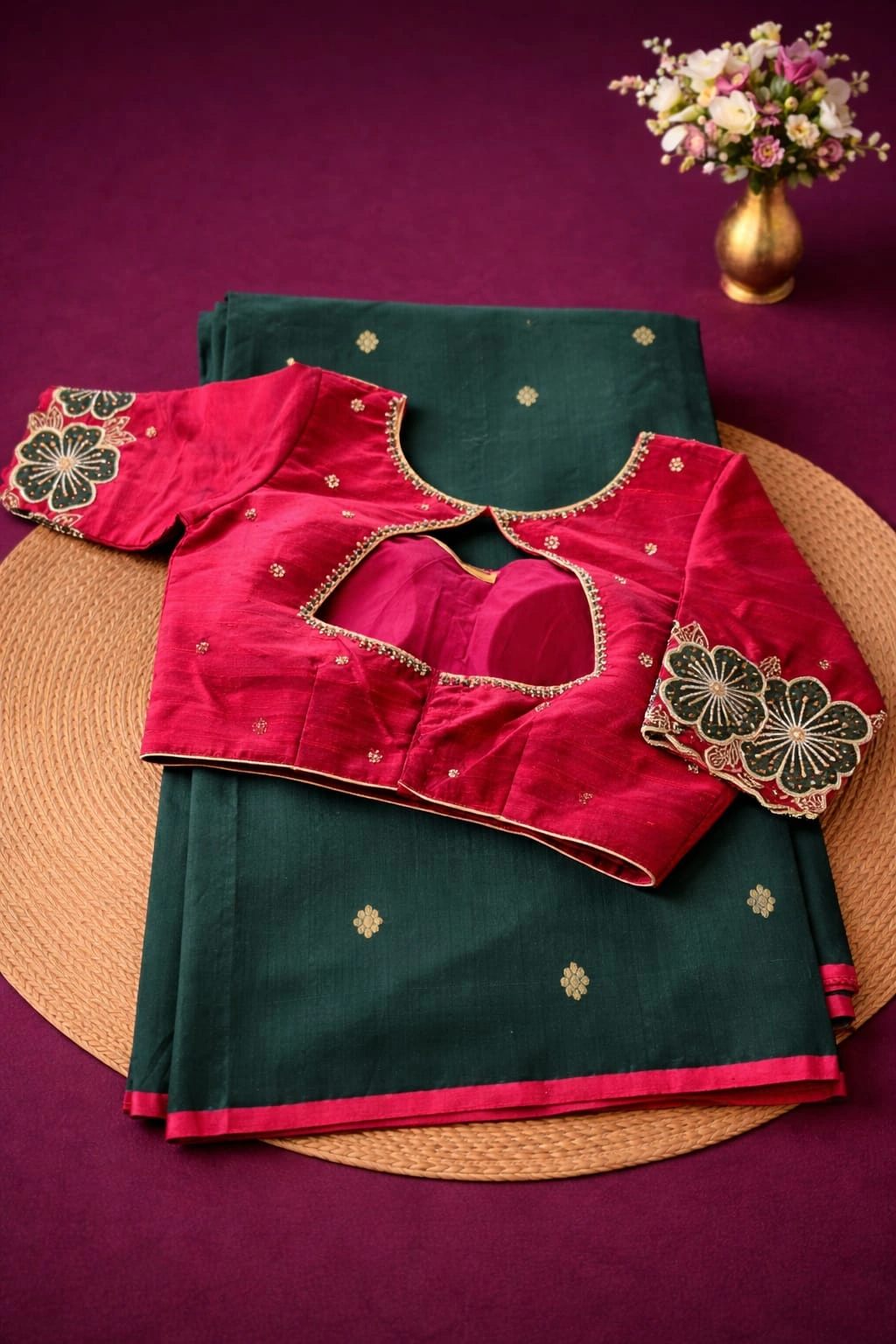 Handwoven pure Chanderi silk pattu saree in deep green with golden zari motifs, paired with a maroon embroidered blouse.