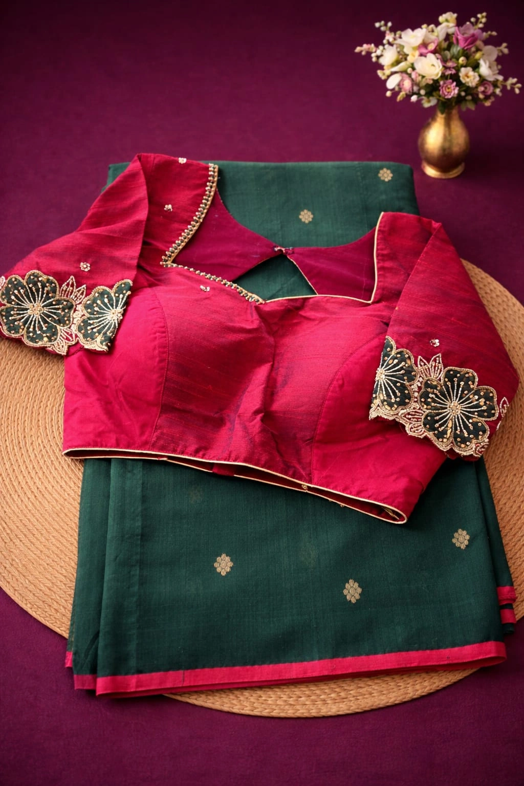 Handwoven pure Chanderi silk pattu saree in deep green with golden zari motifs, paired with a maroon embroidered blouse.