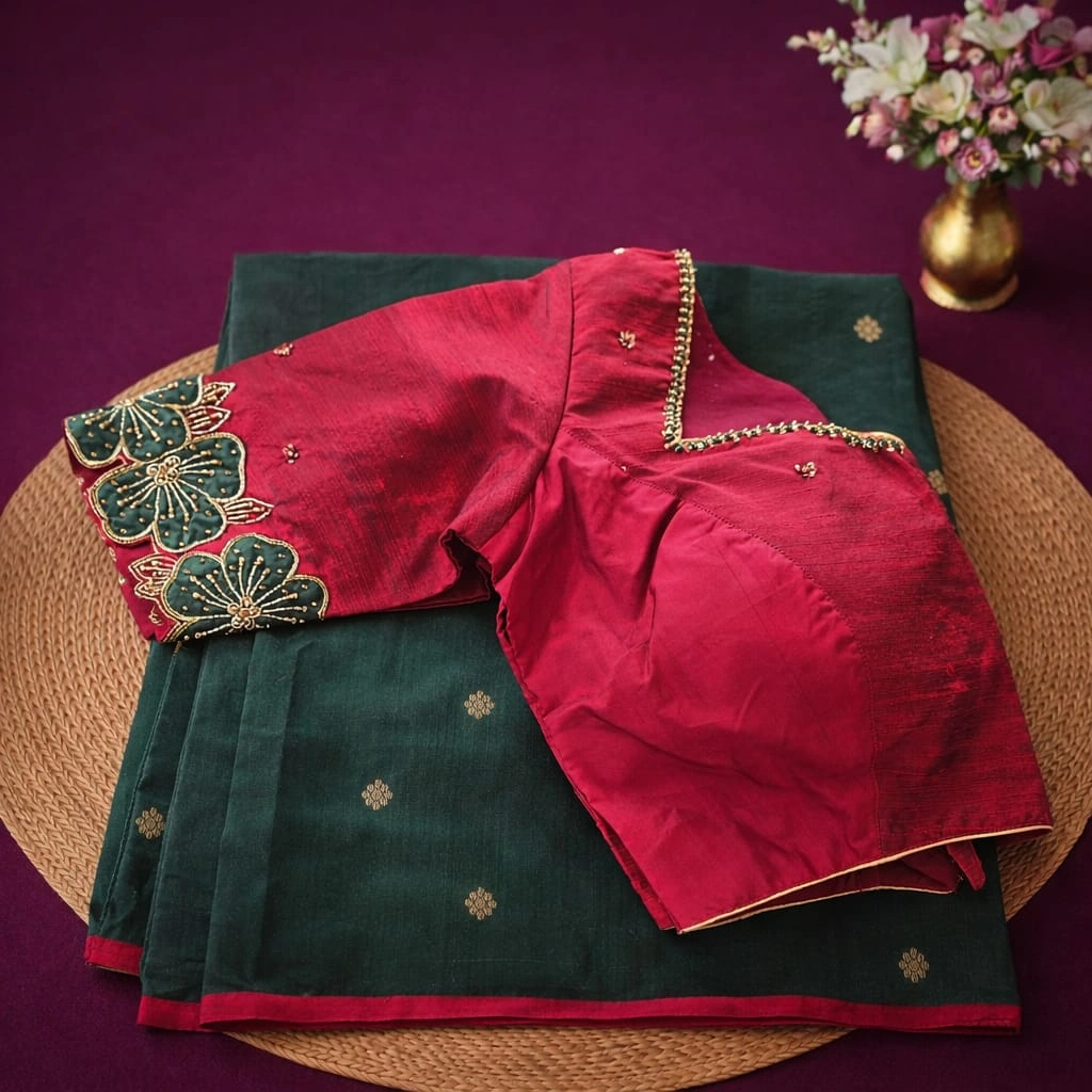 Handwoven pure Chanderi silk pattu saree in deep green with golden zari motifs, paired with a red embroidered blouse.