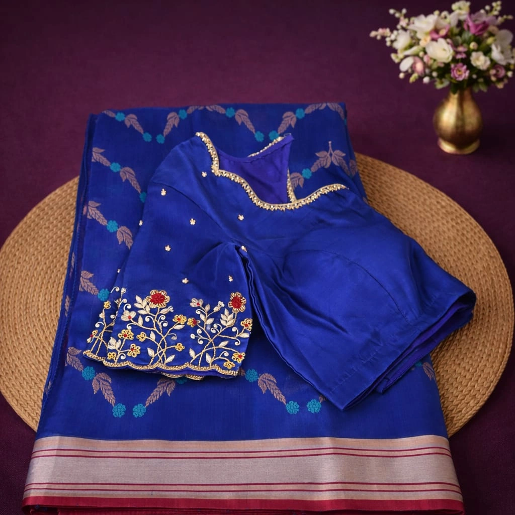 Handwoven pure Chanderi Pattu silk saree in royal blue with gold zari work, floral motifs, and embroidered blouse.