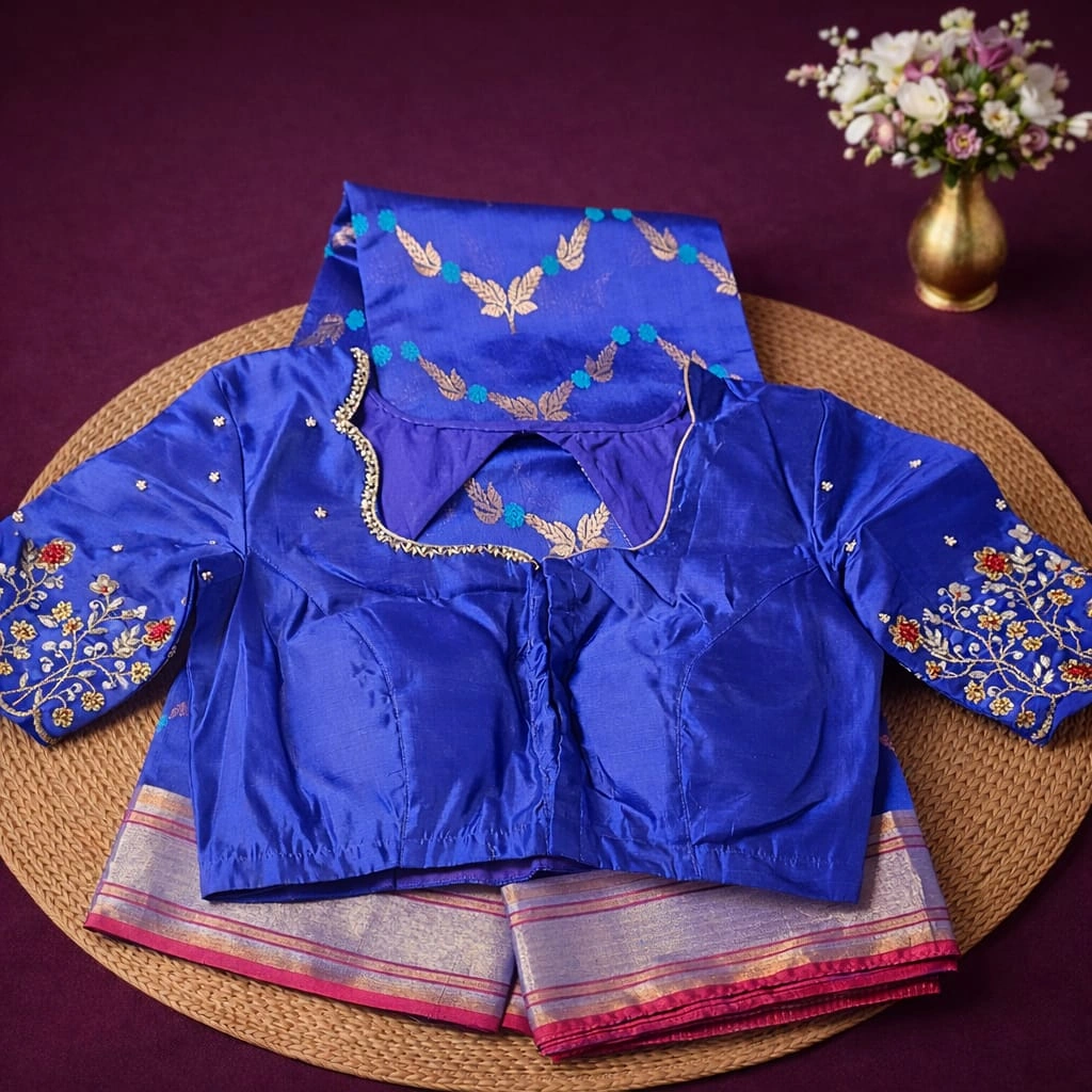 Handwoven pure Chanderi Pattu silk saree in royal blue with gold zari work, floral embroidery, and matching blouse.