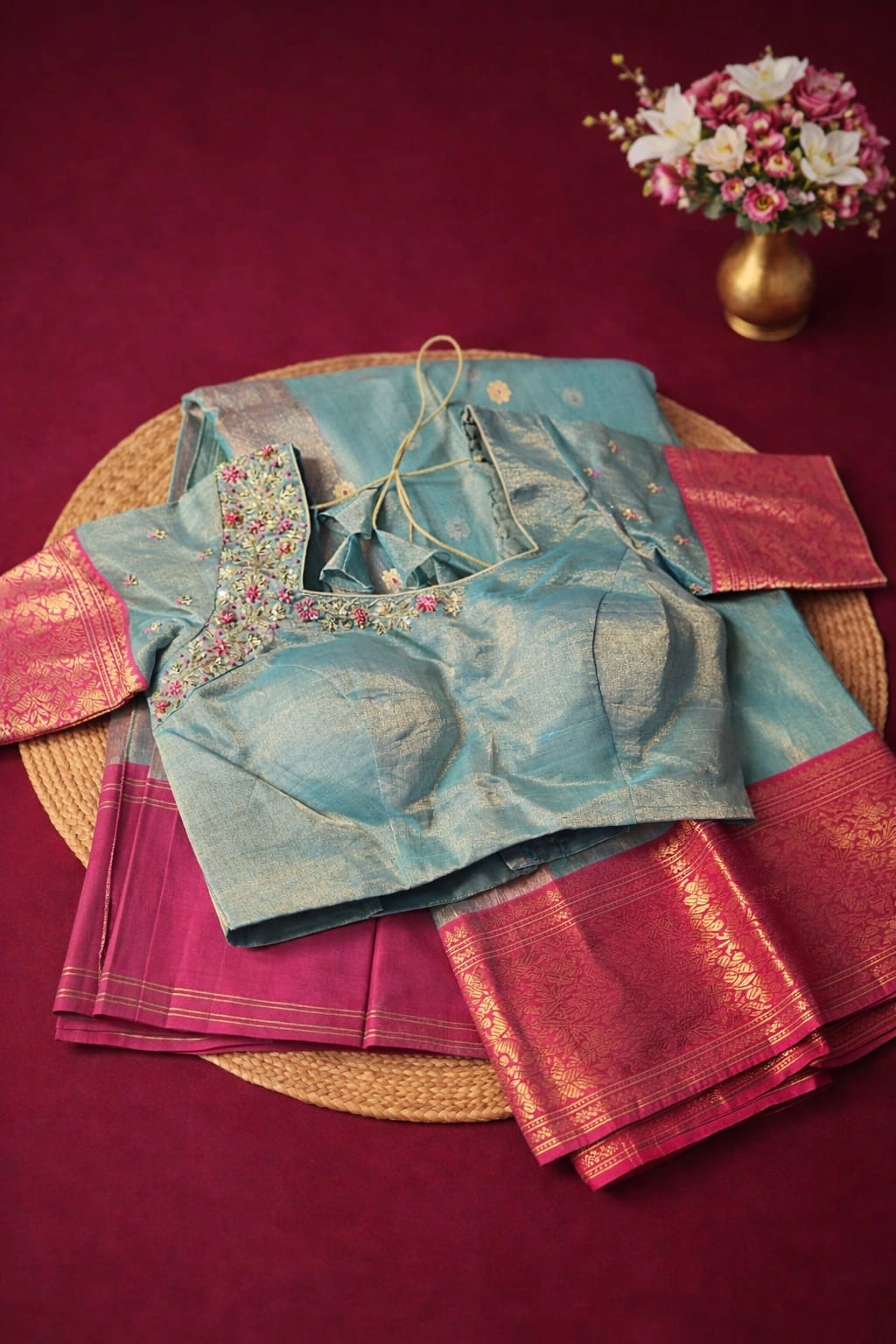Handwoven pure Chanderi Pattu silk saree in magenta with gold zari border, paired with a blue embroidered blouse, displayed on a mat.