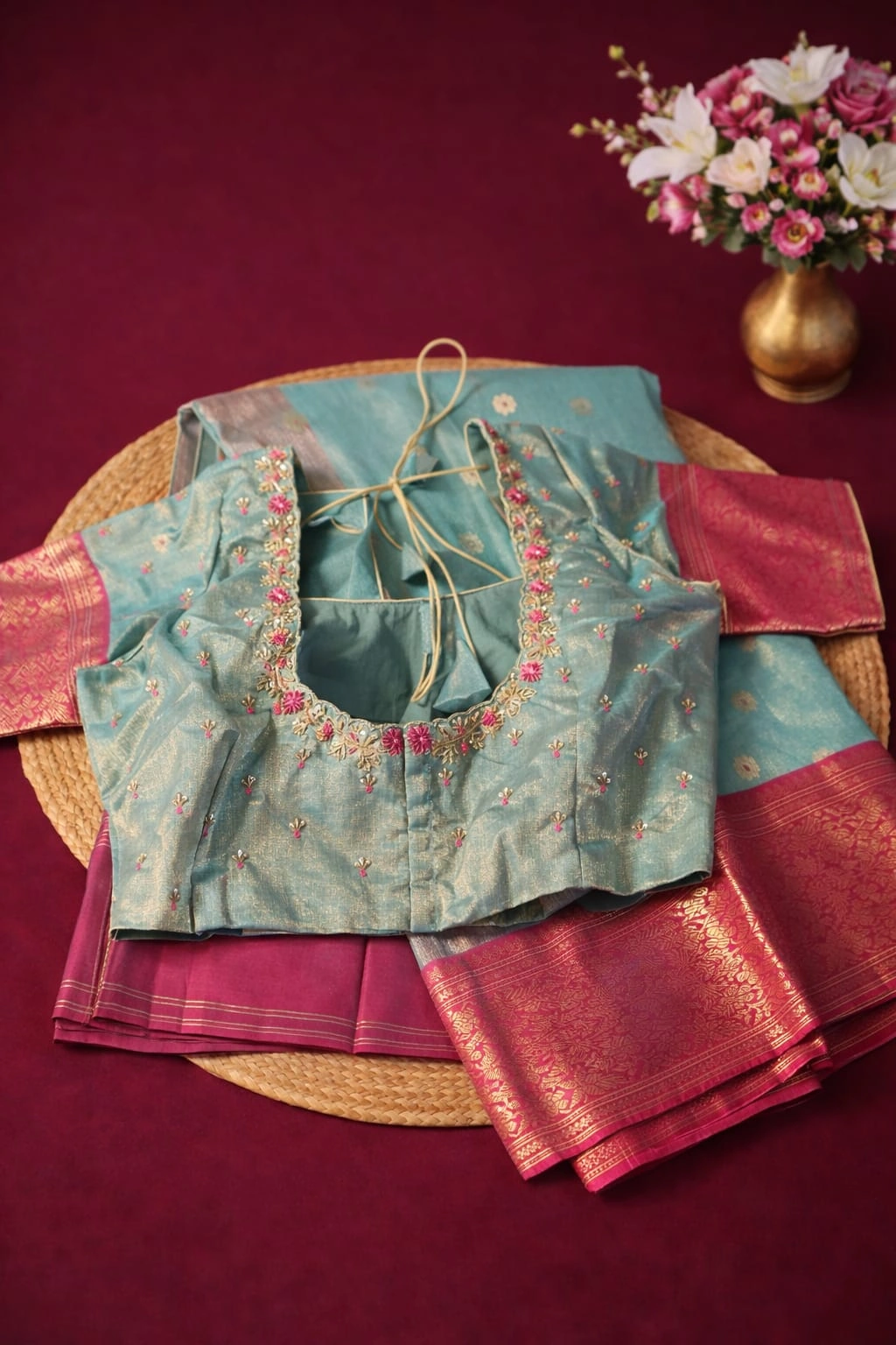 Handwoven pure Chanderi Pattu silk saree in teal blue with pink zari border, paired with an embroidered blouse, displayed on maroon background.